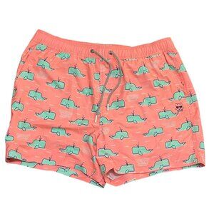 Party Pants Mens XL  Happy Hour Swim Trunks Coral Pink Whale Print Mesh Liner